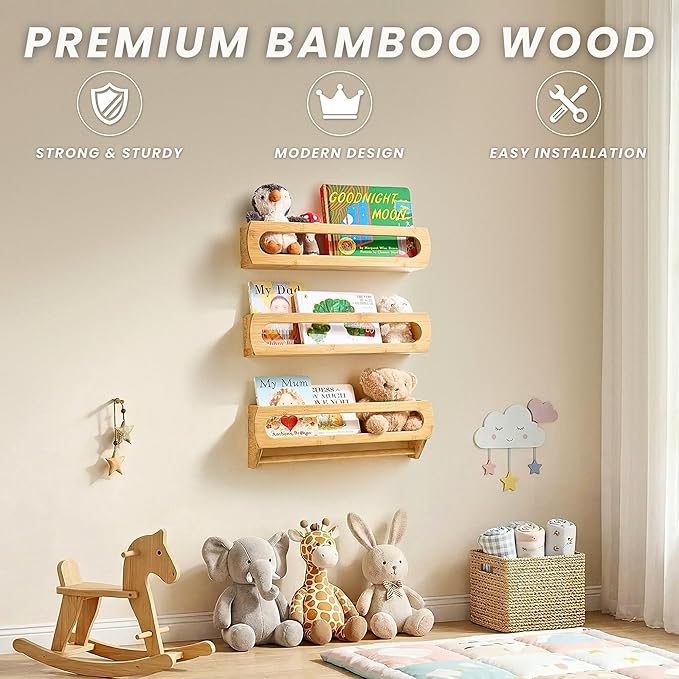 Homewisp Floating Shelves for Wall, Premium Bamboo Wood, Fully Assembled - Nursery Book Shelves, Nursery Decor, Book Shelf for Kids Rooms, Wall Mounted Bookshelves, Set of 3 Natural