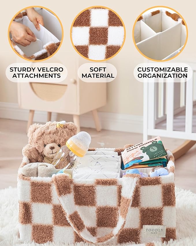 Toodly Checkered Diaper Caddy Organizer with Portable Changing Mat - Teddy Fleece Diaper Organizer for Changing Table - Caddy Organizer with Removable Dividers - Light Taupe and White