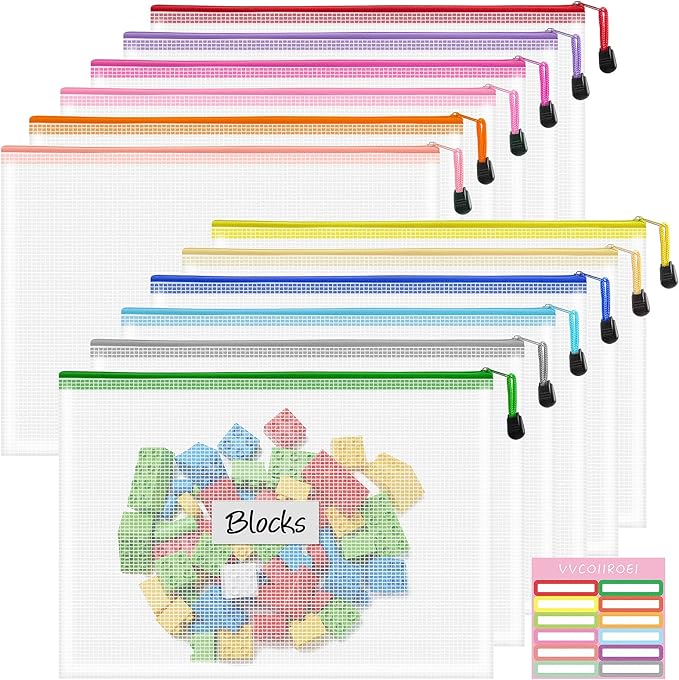 VVCOIIROEI 12pcs Zipper Pouch, A4 Storage Bags, 12 Colors Organization Pouches, File Bags, Clear Pouch, Plastic Bags, Reusable Zipper Pouches for Toys, Paper, School Office Supplies