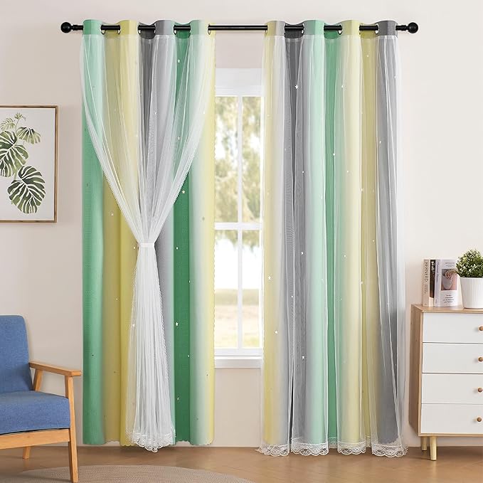 XiDi Grey Green Yellow 90 Inches Curtains for Girls Bedroom 2 Panels Set, Blackout Rainbow Curtains for Kids Room Decor, Unicorn Wall Decals Drapes for Little Girl Nursery Room 34 Inches Wide