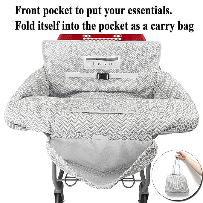 2-in-1 Shopping Cart and High Chair Cover for Baby, Padded Cover, Fold'n Roll Style, Portable with Carry Bag (Gray Chevron)