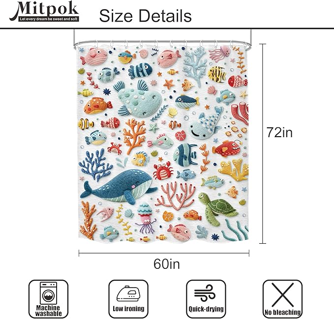 Kids Ocean Printed Shower Curtain 60Wx72H Print Funny Whale Cartoon Cute Underwater Coastal Fish Sealife Animal Coral Turtle Bathroom Decor Boy Girls Bath Curtain Fabric Polyester 12 Pack Hooks