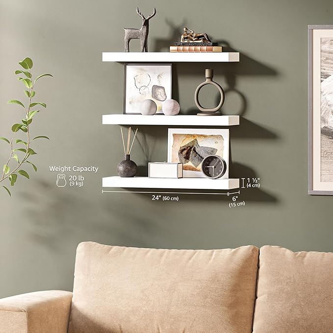 Ballucci Floating Shelves for Wall, 24" Wood Wall Shelf Set of 3, Invisible Brackets Floating Shelf, Decor Living Room, Bathroom, Bedroom, Kitchen, 6" Depth, White