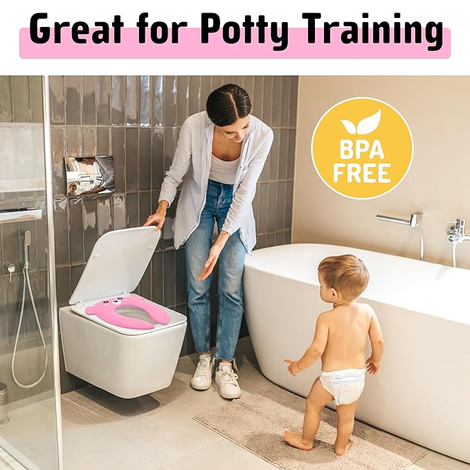 Maliton Travel Potty Training Seat for Toddler, Portable Foldable Potty Seat Cover Fits Round & Oval Toilets, Non-Slip Toilet Seat with Free Travel Bag(Pink Bear)