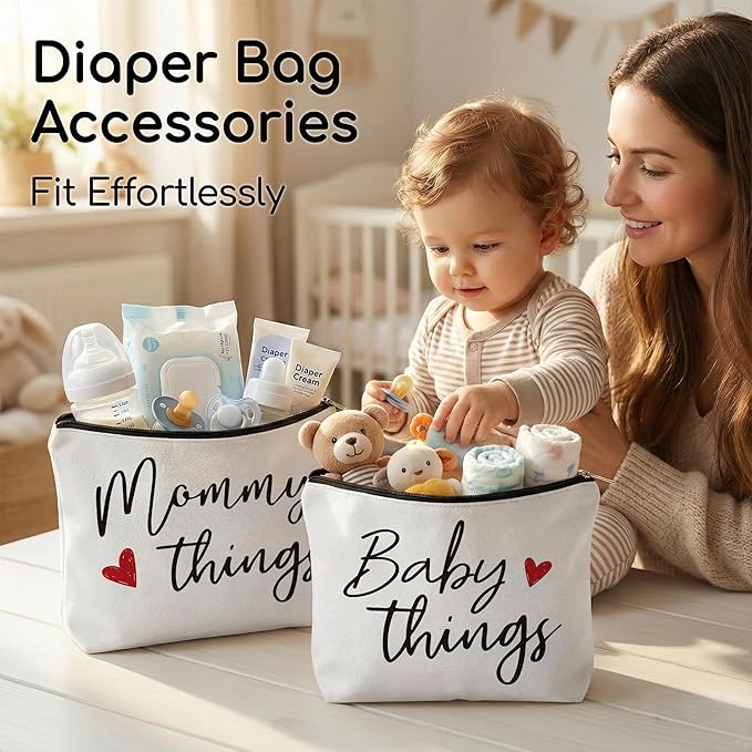 Best Expecting Mom Gifts,Mommy And Baby Canvas Pouch Set,New Mother Keepsake For New Mothers And Expecting Moms,Modern Neutral Cosmetic And Accessory Bags,Matching Travel Cases,Set of 2