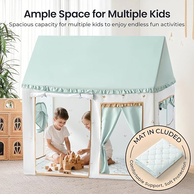 Tiny Land Kids Tent with Printed Mat, Kids Play Tent for Toddlers, Playhouse for Kid Indoor, Ideal Toy Gift for 3+ Boys & Girls, Play Room Furniture - 52" x 35" x 53" Green Forest