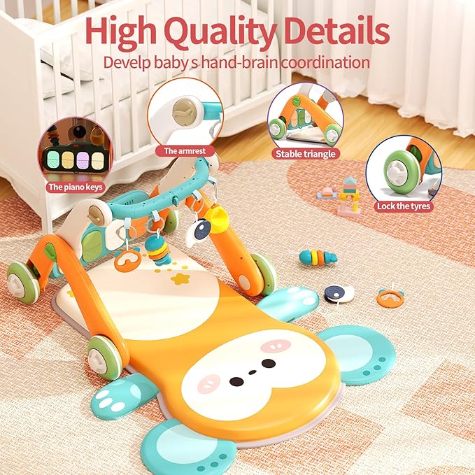 Jovow 2 in 1 Baby Gym with Walker,Baby Play Mat with 5 Infant Learning Sensory,Double-Sided Multifunctional Removable Play Piano Panel,Sit-to-Stand Learning Walker for 0-24 Months Boy Girl [Orange]