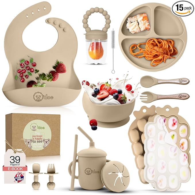 O'doe Baby Weaning Set – 15 Pcs Silicone Baby Feeding Set with Suction Plate, Bowl, Bib, Sippy Cup, Fruit Feeder & Freezer Tray – Baby Plates and Bowls Set for 3M+ | BPA-Free Baby Dishes & Utensils