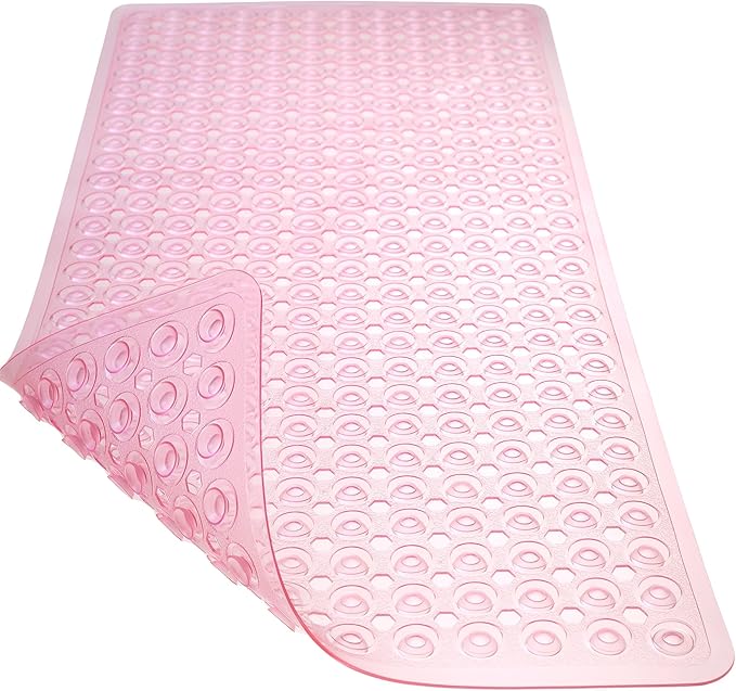 TEESHLY Bath Mat for Tub & Shower, Non Slip Soft Bathmat with Suction Cups & Drain Holes, Machine Washable Bathtub Floor Liner Mats for Bathroom, 35x16 Inch, Clear Pink