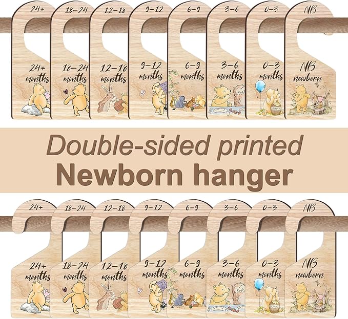 8Pcs Winnie Baby Closet Dividers, Winnie Baby Clothes Dividers for Closet, Newborn Baby Stuff for Baby Boys Girls, Wooden Double-Sided Baby Hanger Organizer from Newborn to Toddler