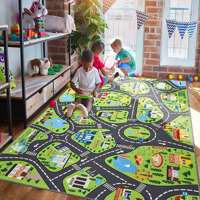 Kids Car Play Rugs - 6x9ft Learning and Fun City Road Map Play Mat for Playing with Cars Trucks, Non-Slip Large Playmat for Nursery, Playroom Bedroom and Classroom, Machine Washable
