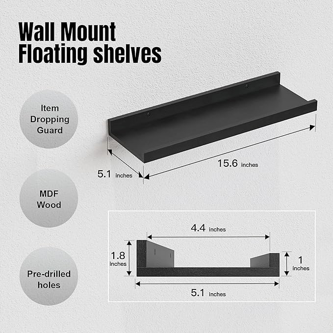 RICHER HOUSE 5 Set Floating Wall Mounted Shelves, Black Shelves for Wall Decor, Modern Picture Ledge Shelf with Lip for Storage, Nursery, Bedroom, Living Room, Bathroom - Black (Pack of 2)