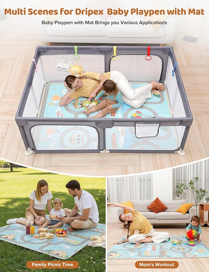 Dripex Baby Playpen with Mat, 71"x47" Play Pen for Toddlers 1-3 Years, Soft Breathable Visible Mesh, Indoor/Outdoor Portable Play Yard with Mat, Safe Baby Fence Play Area, Light Grey