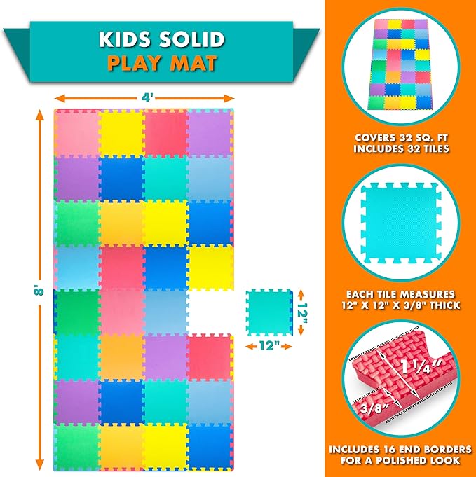 ProSource Baby Play Mat, Soft Foam Floor Tiles for Kids, Interlocking EVA Panels for Playpen Use, Crawling Development Surface, Safe Non-Toxic Toddler Flooring, 32 Tiles, Multicolor