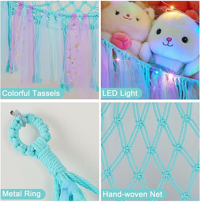 FIOBEE Stuffed Animals Net or Hammock with LED Light, Toy Hammock Hanging Stuffed Animals Storage Organizer Holder Room Décor for Nursery Kids Bedroom