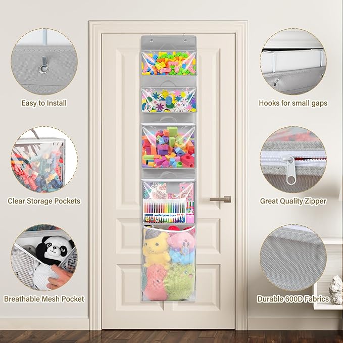 Woodoulogy Over Door Organizer and Storage, Hanging Toy Holder with 4 Clear Removable Pouches, Toddler Room Wall Stuffed Animal Bag Case, Kids Playroom Closet Organization for Building Block, Puzzle