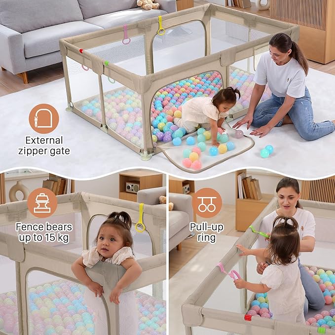 Dripex Large Baby Playpen 71×47 Inch, Big Play Pens for Babies and Toddlers- Indoor & Outdoor Kids Safe Play Area, Soft Breathable Visible Mesh, Anti-Fall & Anti-Slip Design Baby Fence, Khaki