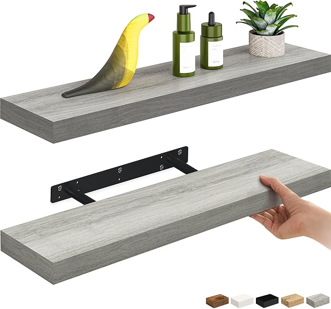 Ballucci Floating Shelves, 24" Wood Wall Shelf Set of 2, with Invisible Brackets for Bathroom, Living Room, Bedroom, Kitchen, Nursery, 6" Deep, Rustic Gray
