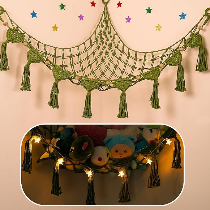 Stuffed Animal Hammock Corner - 56'' Jumbo Handcrafted Stuffed Animal Net Toy Hammock - 100% Natural Cotton 5mm Double Macrame Cord Plushies Storage - Green Stuffy Plushie Net w/LED Star Light