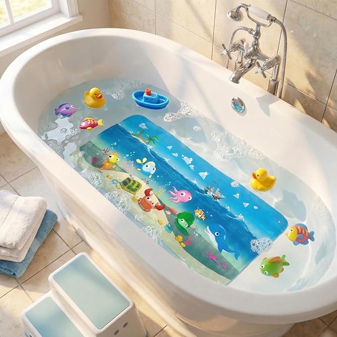 BEEHOMEE Bath Mats for Tub Kids,Baby Toddler - Large Cartoon Non-Slip Bathroom Bathtub Anti-Slip Shower Mats for Floor 35x15,Machine Washable XL Size Bathroom Mats (Ship)