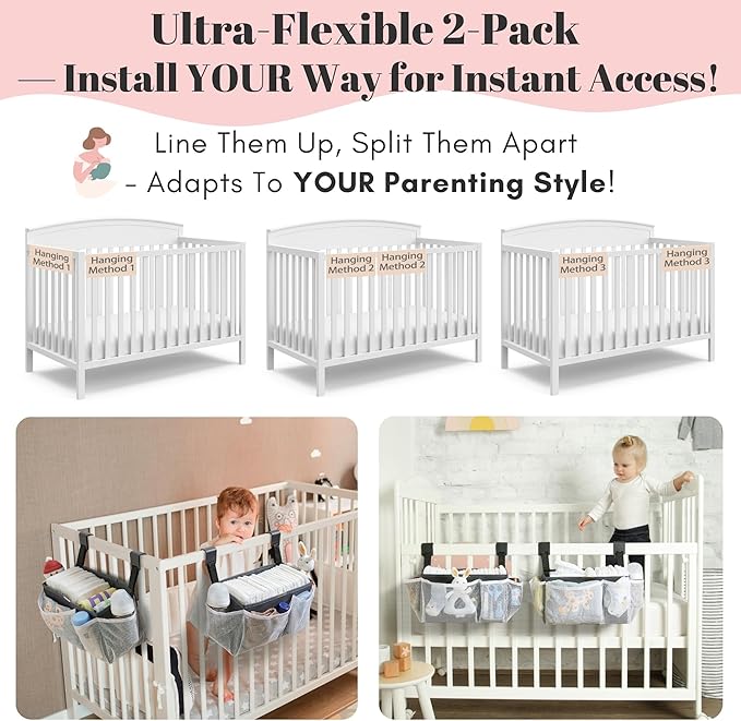 2-Pack Hanging Diaper Organizer for Crib & Changing Table | 50+ Large Capacity Baby Diaper Caddy, Washable Newborn Essentials Organizer for Baby Girl, Ideal Baby Shower Gifts with Hook Straps
