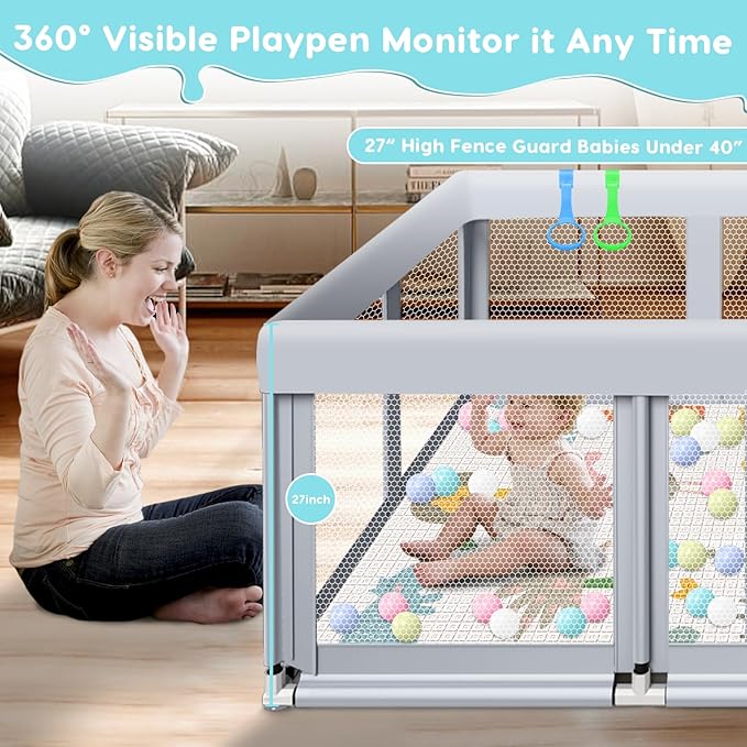 Fshibila 74" ×50" Large Baby Playpen, Baby Playard for Babies and Toddlers, PlayPen for Indoor & Outdoor, Sturdy Safety Play Yard with Soft Breathable Mesh, Ball x 18, Handle x 2, Mat x 1, Grey