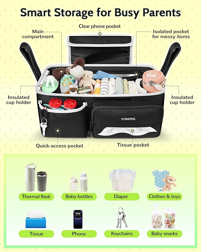 YOREPEK Spacious Stroller Caddy Fits for UPPAbaby Vista/Minu/Cruz, Adjustable Stroller Organizer with 2 Insulated Cup Holders, Easy-clean Stroller Bag for Travel, Walks, Accessories, Baby Essentials