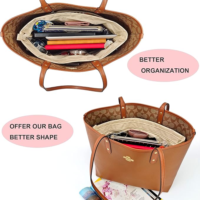 Time Wing Handbag Tote Purse Organizer Insert Bag Liner Shaper Divider Zipper 11 Pockets Compartments Medium Beige