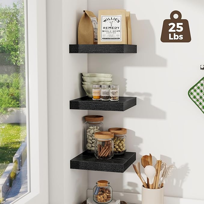 Fun Memories Square Floating Shelves for Wall, 9.3" W x 9.3" D x 1.4" H, Shelves for Wall with Invisible Brackets, Small Wood Storage Shelves for Kitchen, Living Room, Bedroom, Set of 3 (Black)