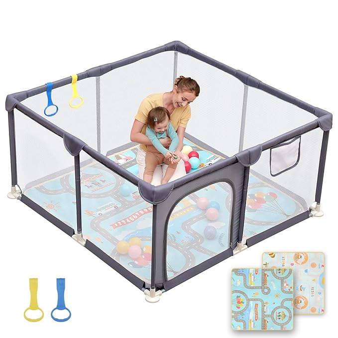 Dripex Baby Playpen with Mat, 47"x47" Play Pen for Toddlers 1-3 Years, Soft Breathable Visible Mesh, Indoor/Outdoor Portable Play Yard with Mat, Safe Baby Fence Play Area, Grey