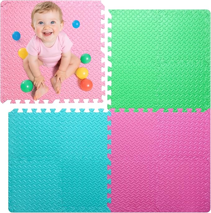 Coolcandy Baby Foam Play Mat 16Pcs with Edge Strips, 4 Colors Interlocking Floor Tiles, 0.4″ Thickened Non-Slip Puzzle Floor Mat for Infants Toddlers Playroom & Daycare