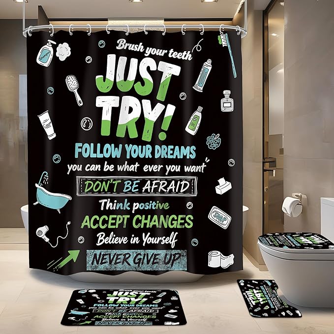 4 PCS Black Inspirational Quotes Shower Curtain Set 72Wx72H Positive Words Bathroom Set Non-Slip Bath Rug Toilet Lid Cover U Shape Mat Complete Bathtub Accessories with 12 Hooks Bathroom Decor