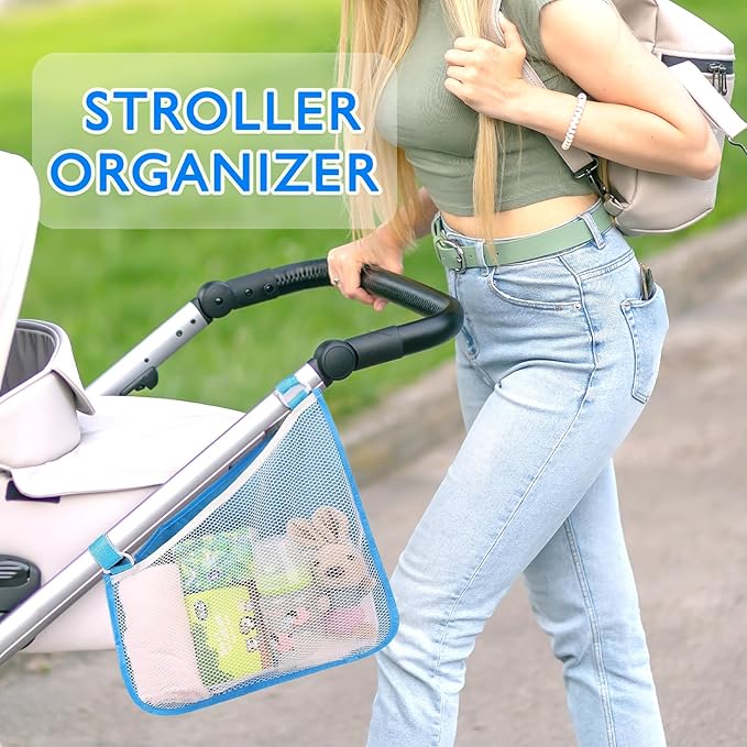Stroller Side Bag - Bike/Stroller Organizer, Hook & Loop Easy Attach - Mesh Design, Non-Slip Straps, mom Cozy Stroller Organizer, Stroller Accessories, Black (BLUE 2PCS)