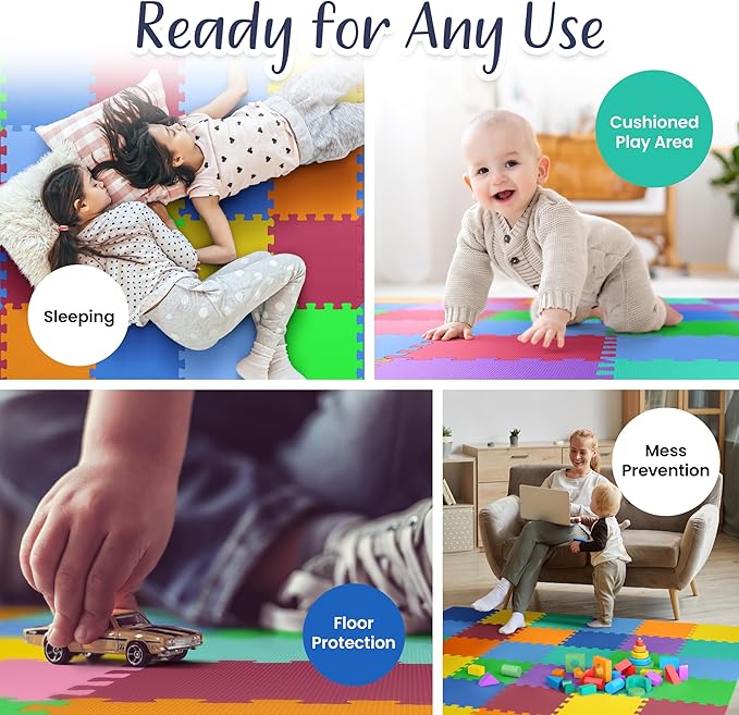 36 Tiles with Borders | 12" x 12" Baby Play Mat Foam Puzzle Floor Tiles | Non-Toxic Soft Waterproof Interlocking EVA Playmat for Nursery Playroom Playpen Toddler Tummy Mat