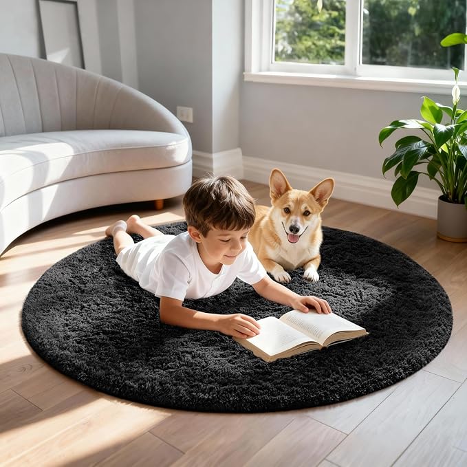 Ophanie Area Rugs for Bedroom Living Room,Color 3- Black,Size 4',Shape Round