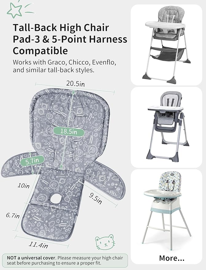 Baby High Chair Cover, Machine Washable High Chair Cushion Pad, Waterproof & Soft, Fits 3-5 Point Harness Chairs, High Chair Replacement Cover for Home & Restaurant Use Grey