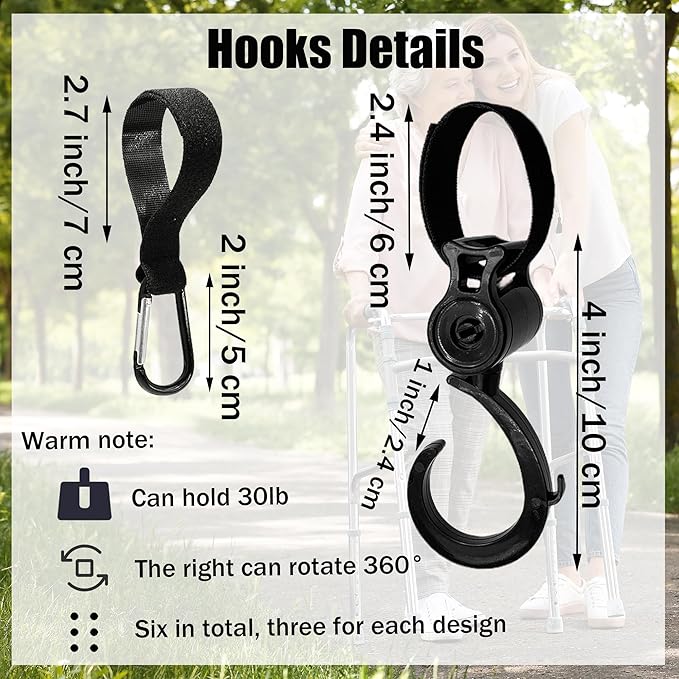 6Pcs Hooks for Walker Rollator Wheelchair Stroller Basket Ttray Accessories for Seniors Basket Clips 2 Design 360°Rotation Hooks and Closed Hooks Bag Hanger Gift for Elderly