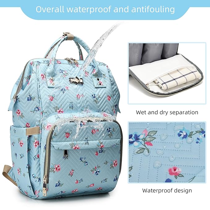 GAIVP Diaper Bag Backpack for Women, Baby Bags for Girls,Diaper Bag with Changing Pad, and Insulated Pockets-Blue Flowers