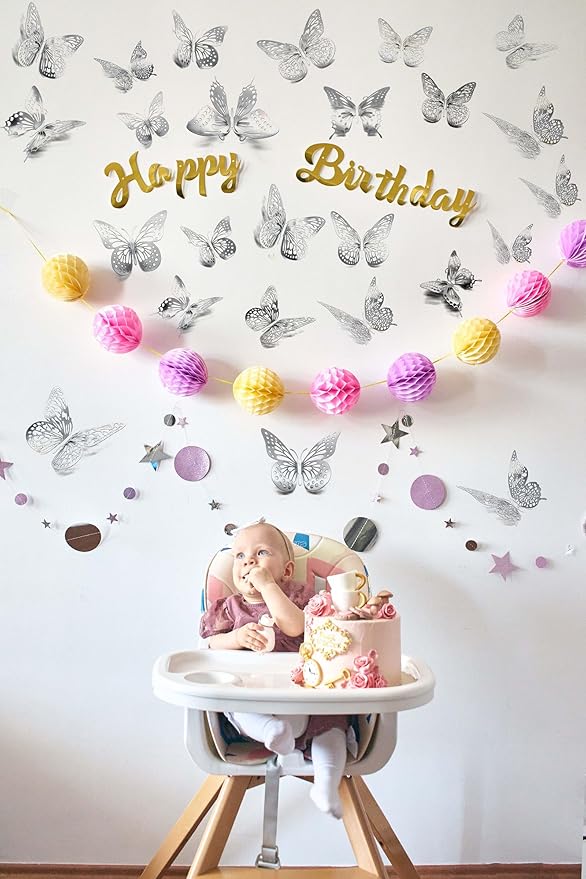 JOSDIOX 3D Silvery Butterfly Wall Stickers - 48 Pcs with 4 Styles & 3 Sizes, Removable Decor for Party Birthday Wedding Cake Balloon Decoration(48 Silvery)