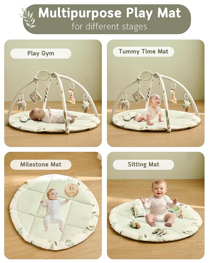Fortella Baby Play Gym & Activity Mat, Machine Washable & Foldable Tummy Time Mat with 5 Detachable Toys, Certified Safe Newborn Essentials Gift for Baby Registry 0-12 Months (Sage Green)