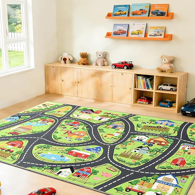 Farmyard Adventure Play Rugs, Educational and Fun Farm Play Mat for Kids, 6x9ft Non-Slip Playmat with Barns, Animals & Crops for Imaginative Play, Nursery, Playroom and Classroom