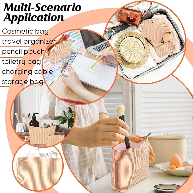 2 Pcs Makeup Bag Set Cute Cosmetic Pouch for Women Seersucker Travel Toiletry Bag Preppy Small Makeup Purse Pouch Aesthetic Skincare Brushes Storage Organizer for Valentine Women(Orange)