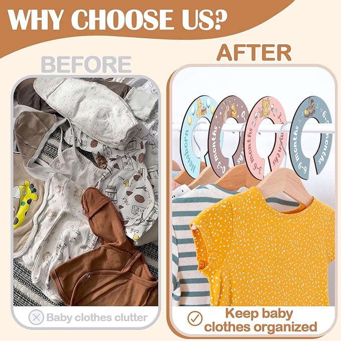 8Pcs Winnie Baby Closet Dividers, Colorful Round Baby Clothes Dividers for Closet, Newborn Baby Stuff for Baby Boys Girls, Wooden Double-Sided Baby Hanger Organizer from Newborn to Toddler