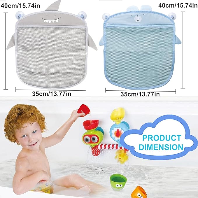 Storawo 2 Pack Mesh Bath Toy Organizer, Cute Shark & Bear Bath Toy Storage Net Bathtub Toy Organizer, Perfect Bathroom Hanging Storage Bag Quick Dry Bath Toy Holder Bag with 8 Strong Hooks (Set A)