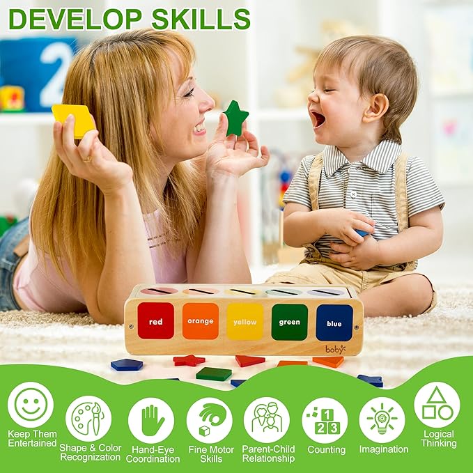 Lynncare Wooden Montessori Toy for 1 2 Year Old, Shape & Color Sorting Matching Toy with Box for Toddlers 1-3, for 1 2 3 Year Old Boy Girl Gifts