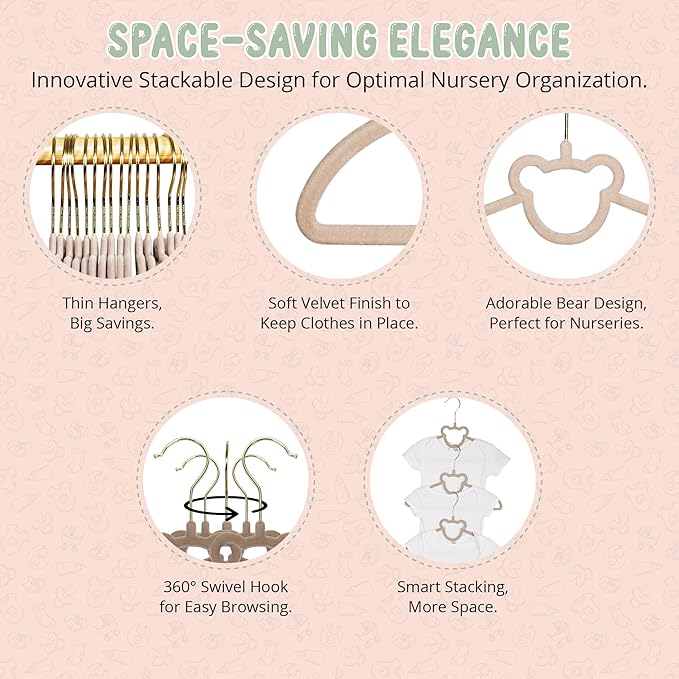 Velvet Baby Hangers with Clips – Organize Baby Clothes by Age with Size Dividers – Save Closet Space for Newborn to Toddler Outfits – Perfect Nursery Must-Have (Moonstone)