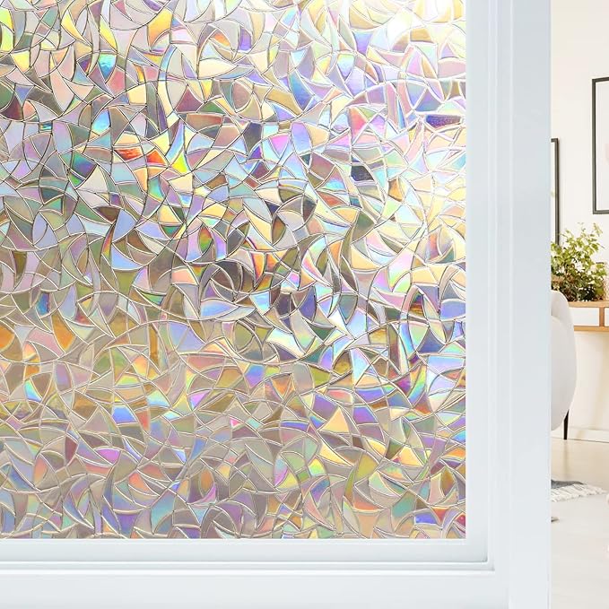 Haton Window Privacy Film, Stained Glass Rainbow Film Decorative Window Clings, Static Cling Sun Blocking Stickers Decals Coverings Tint for Home Heat Control, Non-Adhesive 35.4" x 78.7"