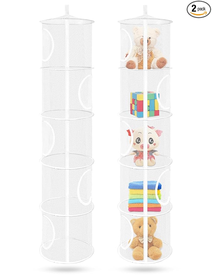 Libeder Mesh Hanging Storage Space Saver Bags Organizer,Foldable Storage Organizer 5 Compartments Toy Storage Basket for Kids Room Bathroom 2 Sets, White