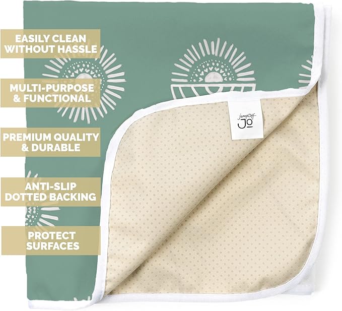 JumpOff Jo - Large Baby Splat Mat for Under High Chair, Booster Seat, Tabletop, Food Catcher - Protect Floor and Carpet from Spills & Crafts - Waterproof and Washable (Rainbow Sun)