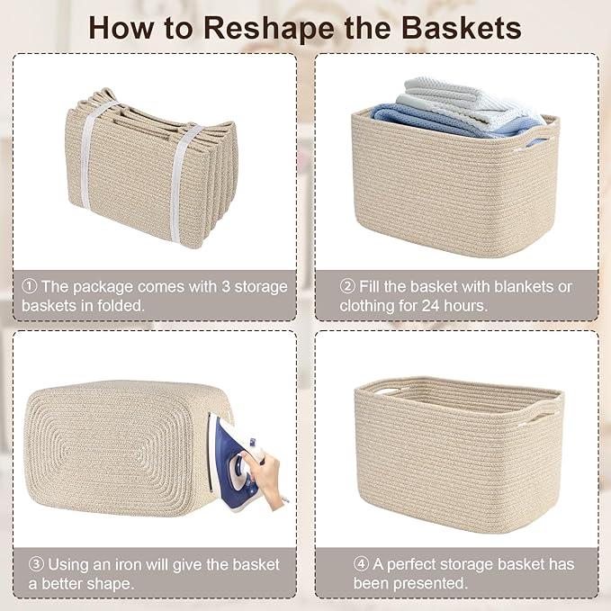 Degeyoyo Woven Storage Baskets, Brown Baskets for Organizing, 3 Pack Woven Basket for Storage, Storage Baskets for Shelf, Towel, Toy, Book, Closet, Baby 15"×10"×9"